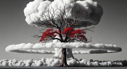 Red Tree in a Cloudy Landscape