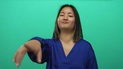 Fototapeta premium Woman posing in blue shirt against green background with confident expression in isolated setting highlighting youthful and casual ambiance in focused studio environment.