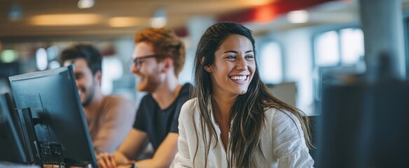 The smiling woman in a collaborative office environment with colleagues.