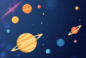 Fototapeta premium Whimsical cartoon planets, comets, and nebulae against a starry galaxy backdrop, asteroid belt, comets
