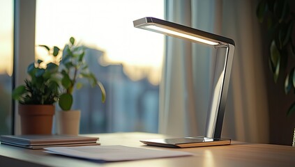 Modern desk lamp illuminates a wooden desk, bathed in natural light from a window with city views.  Potted plants sit beside the lamp and documents rest on the surface