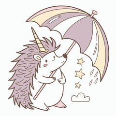 Shy Hedgehog with under an umbrella, set in a charming Unicorn Dreams theme – Unicorn Dreams color vector art