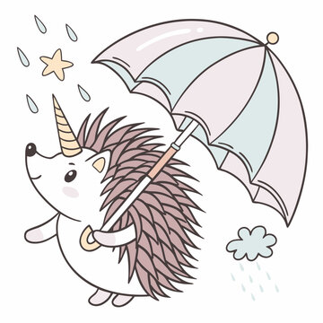 Naklejki Shy Hedgehog with under an umbrella, set in a charming Unicorn Dreams theme – Unicorn Dreams color vector art