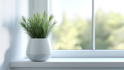 A small, light-gray planter with a sprig of green, needle-like leaves sits on a white windowsill.  Blurred background of out-of-focus greenery beyond the window
