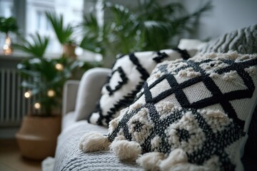 Close-up of textured black and white decorative pillows on a cozy couch, complemented by indoor plants in the background, creating a relaxed and inviting atmosphere.