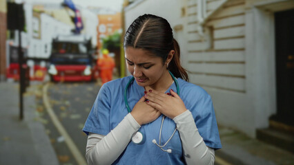 Woman with stethoscope in blue scrubs holds chest on street indicating chest pain or discomfort,...