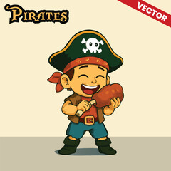 Cute Pirate Kid Cartoon Vector Character Dressed in Traditional Pirate Costume with Hat and Bandana. Perfect for Children’s Books, Games, and Adventure Themed Designs.