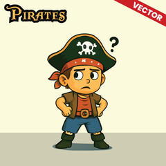 Cute Pirate Kid Cartoon Vector Character Dressed in Traditional Pirate Costume with Hat and Bandana. Perfect for Children’s Books, Games, and Adventure Themed Designs.