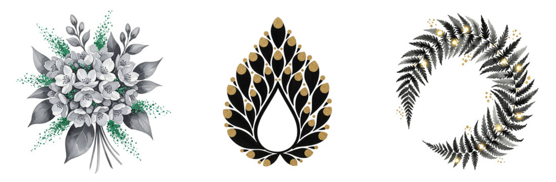 A sophisticated watercolor collection of jasmine flowers with green buds, an ornate black and gold botanical motif, and a black fern wreath adorned with glittering gold speckles.