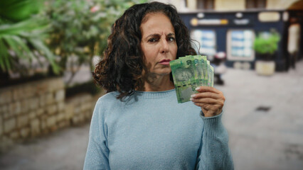 Middle-aged woman standing outdoors on a city street in south africa holding rand banknotes with a...