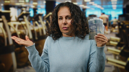 Middle-aged woman holding south african rand banknotes in a gym, expressing doubt indoors amid exercise equipment and vibrant background suggesting financial contemplation.