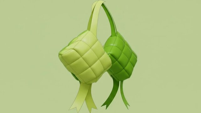 Two vibrant green and yellow ketupat, traditional Indonesian food pouches, hanging against a soft green background.