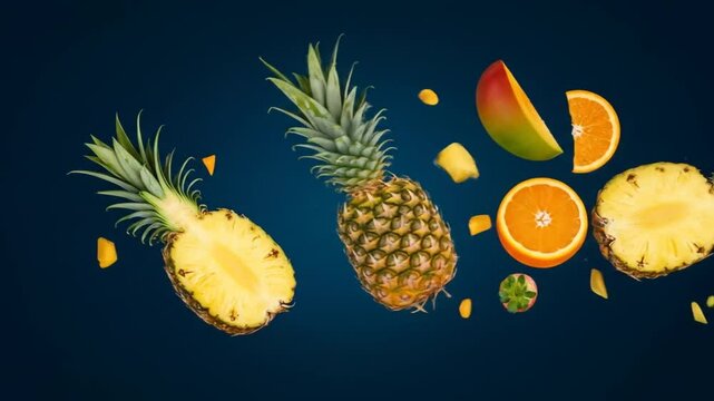 Fresh pineapple and citrus fruit slices in mid-air, vibrant colors against a dark background.