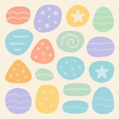 Abstract Colorful Stone Composition: A captivating arrangement of abstract, pastel-colored stones with unique patterns and shapes, offering a delightful blend of artful design and whimsical charm.