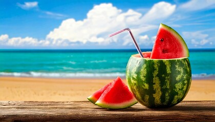 watermelon juice in watermelon rind, no glass cup, beach background, copy space