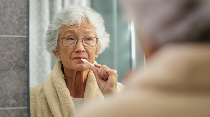 Elderly woman brushing teeth slowly, thoughtful mood elderly, slow, brushing, reflection, wisdom, calm, mirror, gentle, alone, thoughtful.