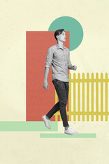 Sketch vertical photo collage of happy businessman businesswoman walk fence doodle career ladder...