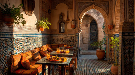 A Moroccan cafÃ© with mosaic tiles, spiced coffee, and sunlight streaming through arches Keywords: Morocco, cafÃ©, mosaic, arches, spiced, coffee, traditional, warm, sunlight, exotic