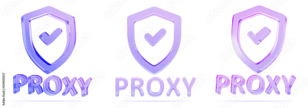 Poster 3d set of glass holographic security shield with check mark and proxy server icon render. data encry