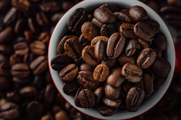 Fototapeta premium Close-Up of Fresh Coffee Beans in a Red and White Cup