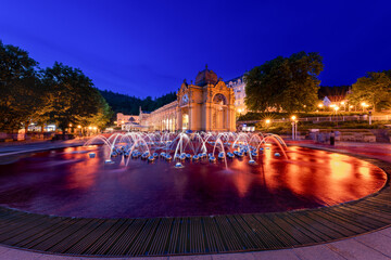 Marianske Lazne (Marienbad) - Main colonnade and singing fountain at night - center of great famous Bohemian spa town in the west part of the Czech Republic (region Karlovy Vary)