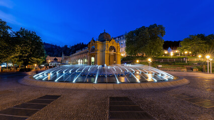 Marianske Lazne (Marienbad) - Main colonnade and singing fountain at night - center of great famous Bohemian spa town in the west part of the Czech Republic (region Karlovy Vary)