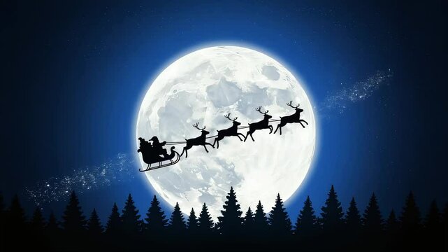 Big full moon night background. Silhouette of Santa Claus riding in a sleigh pulled by reindeer through the air