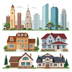 Fototapeta premium Diverse Architectural Buildings and Houses Illustration Set