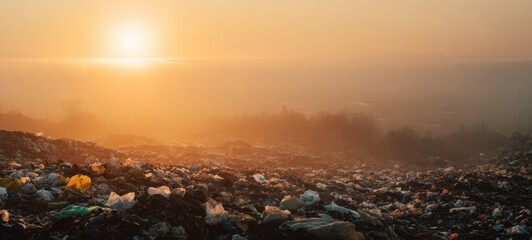 The Sunset Over a Landfill Surrounded by Plastic Waste and Pollution