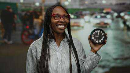 Woman with striped shirt and red glasses holding clock while smiling on urban street during evening...