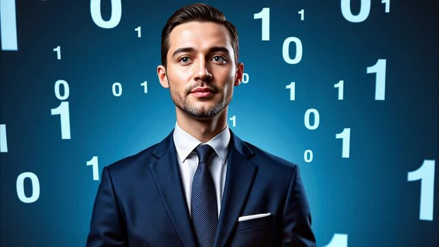 Businessman in suit surrounded by floating binary code, digital decision paralysis and FOBO concept