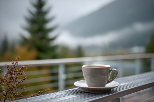 A cozy cup of coffee on a balcony with a scenic mountain view on a cloudy day, featuring misty mountains, forest trees, and a calming, blurred background.