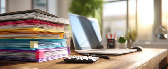 The organized workspace featuring a stack of colorful folders and a laptop.