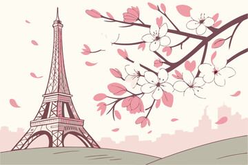 Paris eiffel tower spring blossom illustration