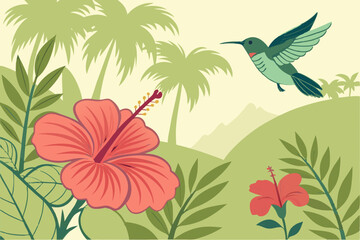 Hummingbird and hibiscus flowers in tropical paradise © Muhammad
