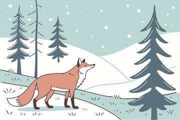 Red fox in snowy winter landscape illustration
