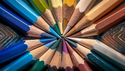 Close-up view of colorful pencils arranged in a symmetrical pattern, showcasing a vibrant array of hues.