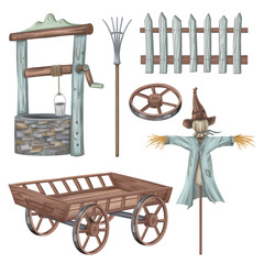 Set of rural objects well, scarecrow, fence, cart. Landscape farmland, ranch work, rustic lifestyle, agrarian. Decor for traditional country. Garden and greenhouse equipment. Isolated illustration