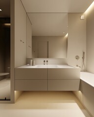 Beige bathroom interior with  sink and mirror, no carpet on the floor. Bathing accessories and indirect lighting in hotel studio. 3D rendering