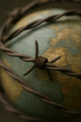 Barbed Wire Surrounding Earth Showing Europe and Africa as Symbol of Global Control and Crisis
