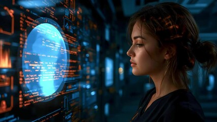 A woman interacts with a futuristic holographic display in a high-tech environment, showcasing advanced technology - Powered by Adobe