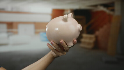 Man holding piggy bank at construction site indoors implies savings for home building or...