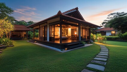 Tranquil Asian-style pavilion at twilight.  A secluded, wooden pavilion, lit warmly, sits amidst lush greenery and pathways.  