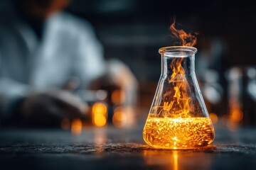 A blazing science experiment in the lab with a fire inside of the flask for chemistry and scientific advancement research, using advanced and innovative techniques.