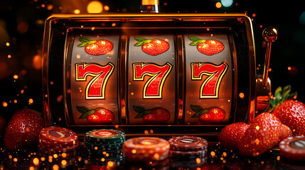 Vibrant fruit-themed slot machine with bright 7s, surrounded by colorful chips and sparkles