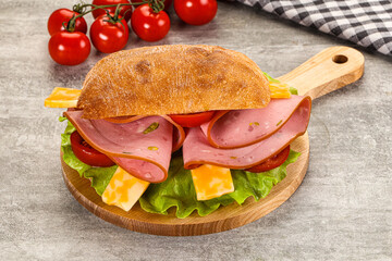 Sandwich ciabatta with mortadella and cheese