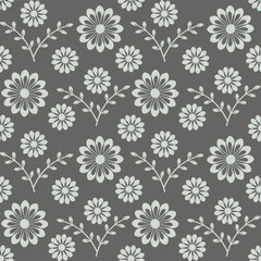 Seamless Floral Pattern of Decorative Daisies and Twigs on Dark Background