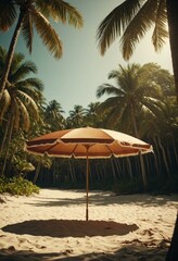 Tropical Beach Umbrella Framed by Palm Trees Under Warm Sunset Light
