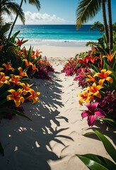 Floral Framed Sandy Path Leading to Ocean with Hibiscus and Lily Blooms