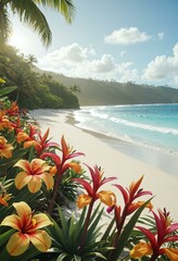 Heliconia Flowers and Palm Trees Framing Tropical Beach with Curving Shoreline